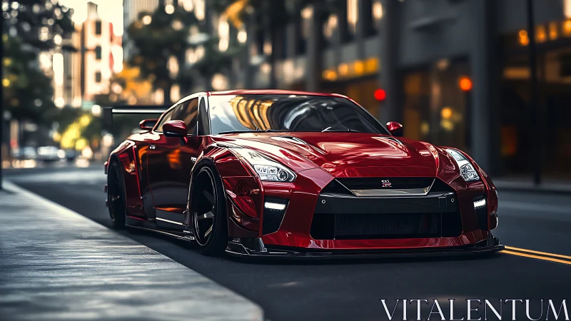Red Nissan GT-R sports car parked on empty city street.