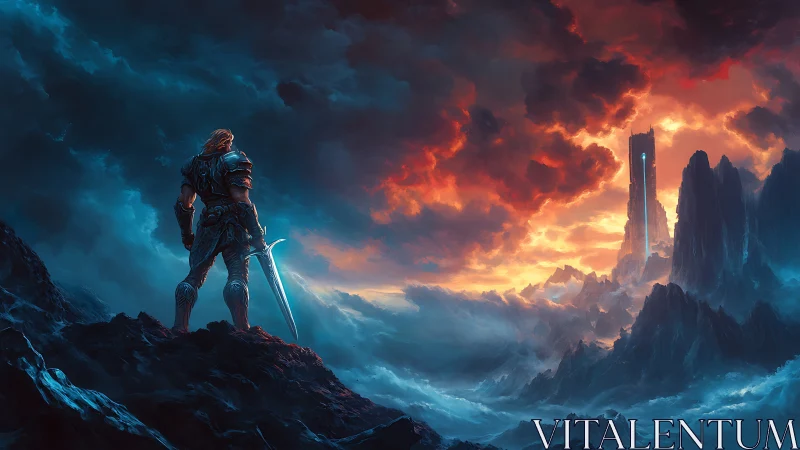 Armored warrior surveys stormlit tower across jagged abyss.