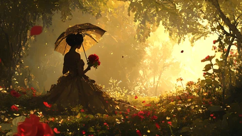 Silhouetted garden lady under parasol in golden sunlight