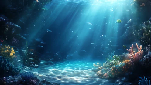 Sunlit coral reef cavern renders volumetric underwater depth