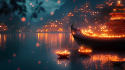 Lantern-filled river boat glows against a misty festival night