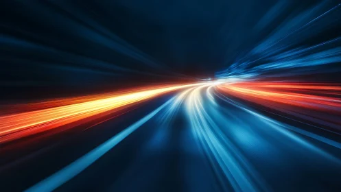 Racing light trails on futuristic highway at night.
