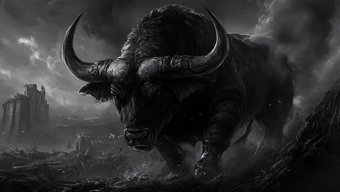 Monochrome war bull storming ruined medieval fortress.