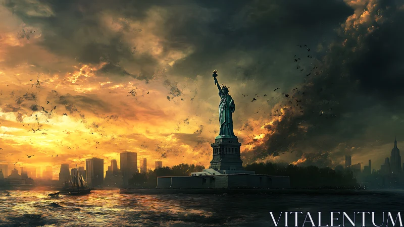 Stormlit Statue of Liberty rises over a burning golden sky