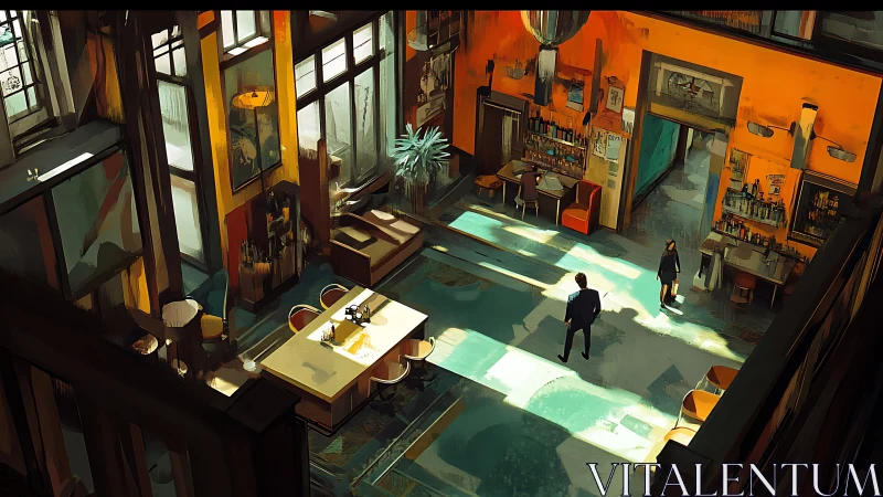 Sunlit urban caf&eacute; interior with cinematic, moody atmosphere.