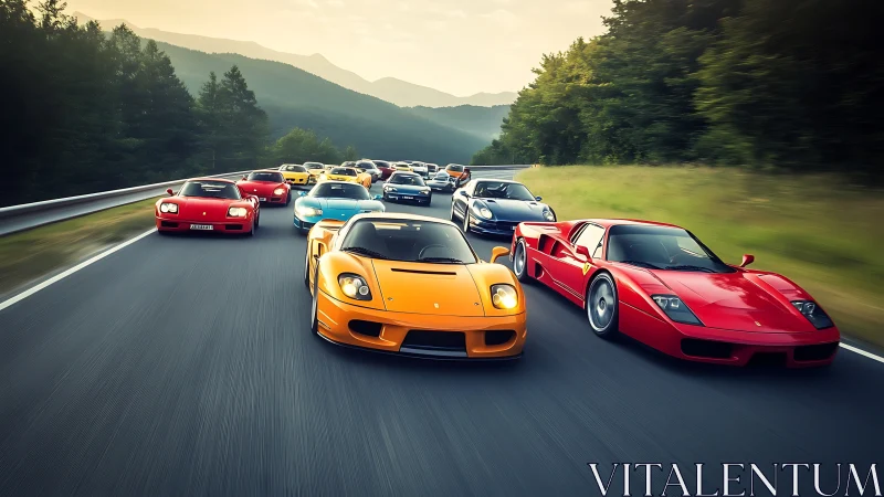 Colorful sports car convoy racing on a forest highway.