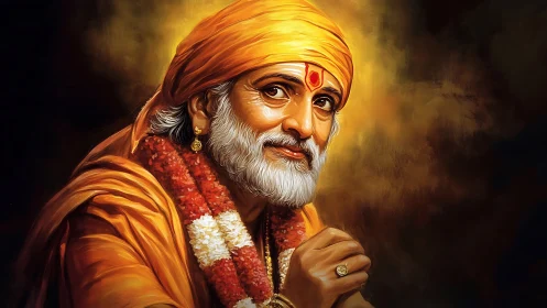 Spiritual elder in saffron robes against glowing backdrop.