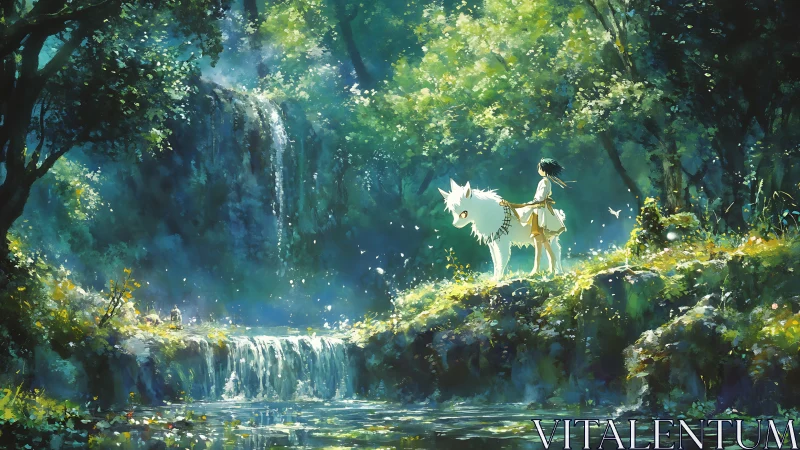 Anime forest tableau with girl and white wolf by waterfall.