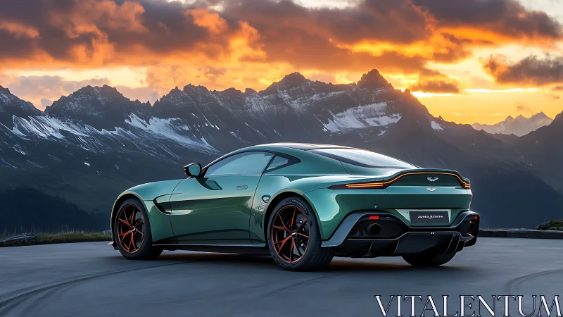 Emerald grand tourer under alpine sunset sky glow.