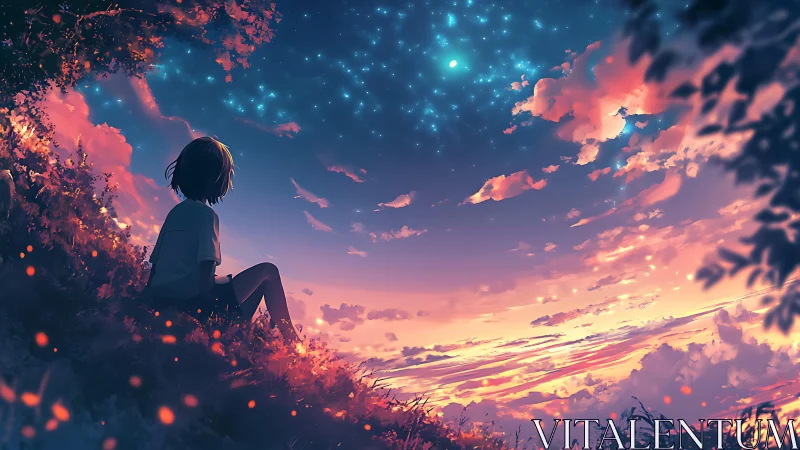 Teen sits on hillside watching glowing sunset sky and stars.