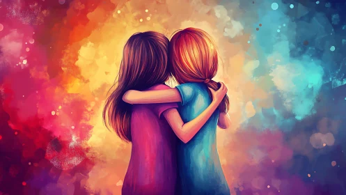 Two Figures Embracing Within Chromatic Gradient Field.