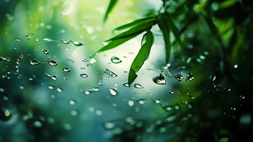 Green leaves and water droplets form a close, reflective study
