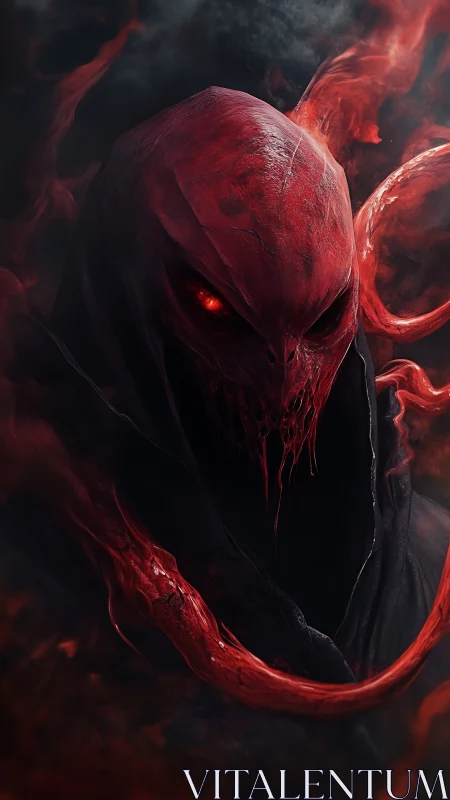 Demonic wraith emerges from crimson smoke in eerie darkness