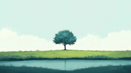 Solitary tree on grassy hill by calm pond in minimalist digital art.