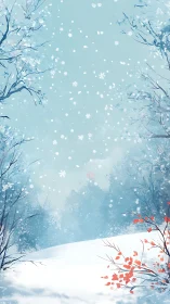 Snow-laden winter hillside with sparse trees and drifting flakes