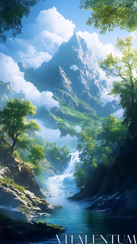 Mountain valley river and waterfall under clear daylight.