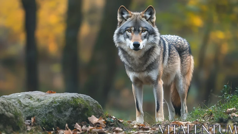 Gray wolf standing on forest floor with autumn foliage.