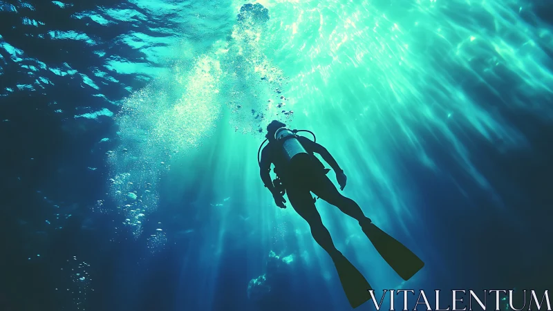 Solitary scuba diver ascends through radiant turquoise light