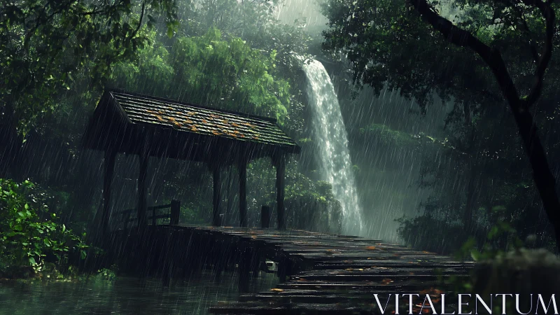 Rainy forest bridge rests beside a misty hidden waterfall