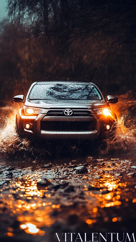 Rain-charged SUV surges through molten amber puddles at dusk.