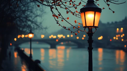 Riverside streetlamp illuminates walkway before distant bridge