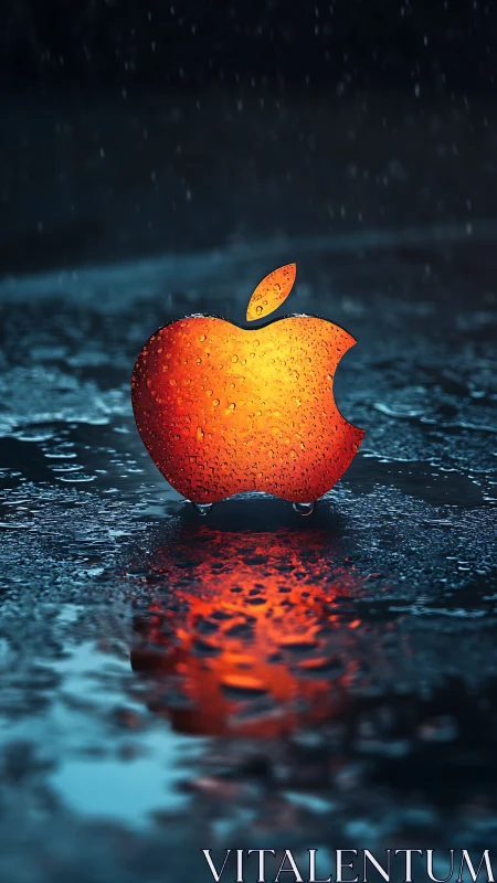 Orange apple-shaped emblem in wet reflective environment.