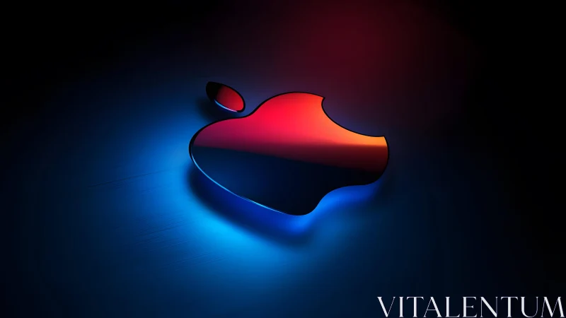 Glossy Apple Logo in Blue and Red Light on Dark Background.