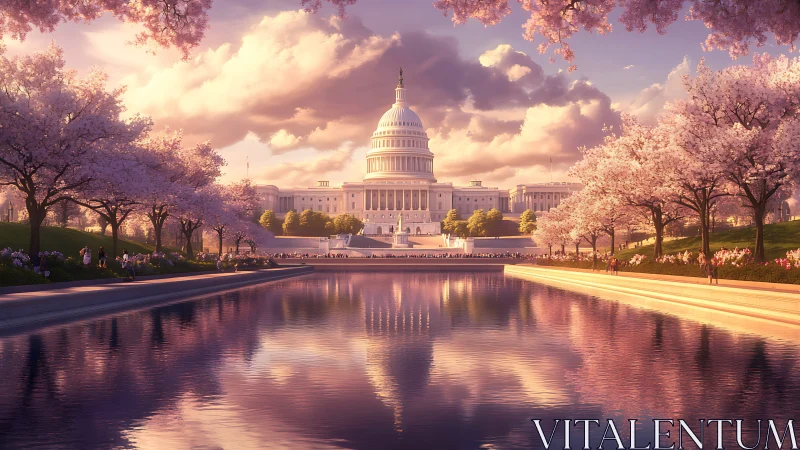 Blossomed Capitol dreaming in pastel reflections at dusk.