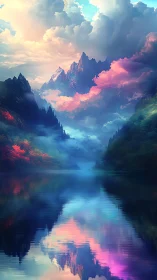 Prismatic mountain clouds mirroring in a spellbound lake.