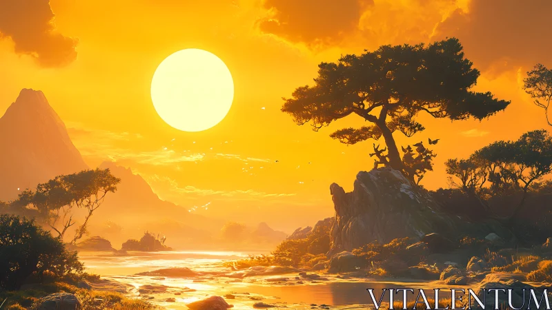 Blazing sun crowns tranquil river valley at golden dusk