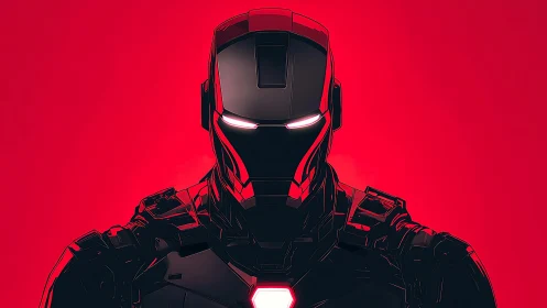 Crimson-lit armored sentinel staring from the electric dark.