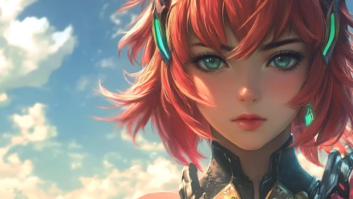 Cyborg heroine portrait with teal optics under daylight sky