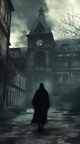 Mysterious cloaked wanderer approaches an eerie clock tower