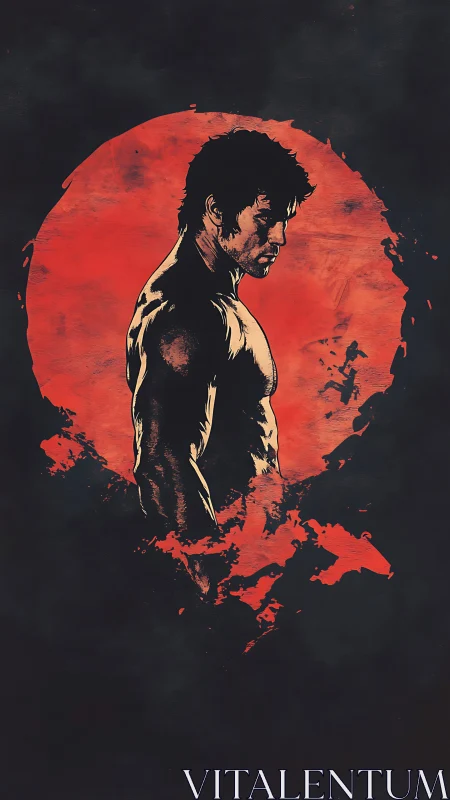 Male figure silhouette before textured red circular field.