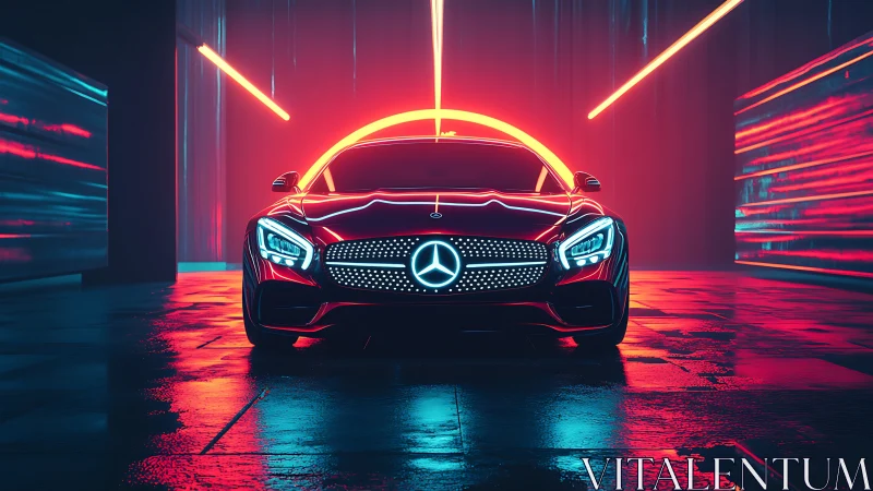 Futuristic Mercedes sports car under neon tunnel lights.