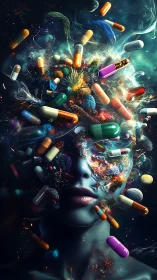 Cybernetic face dissolves into swirling pharmaceutical cosmos.