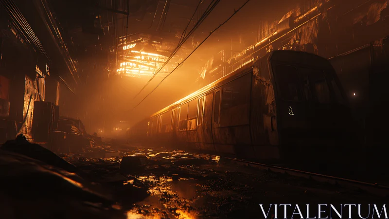 Abandoned subway train glows under ominous orange light.