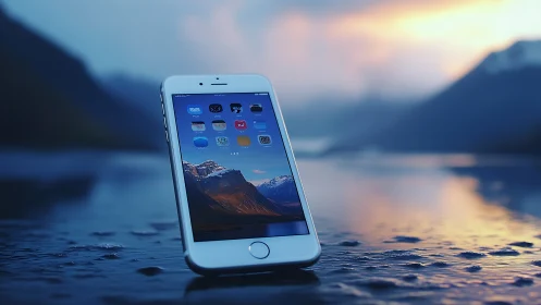 White iPhone on Lake with Mountain Backdrop.