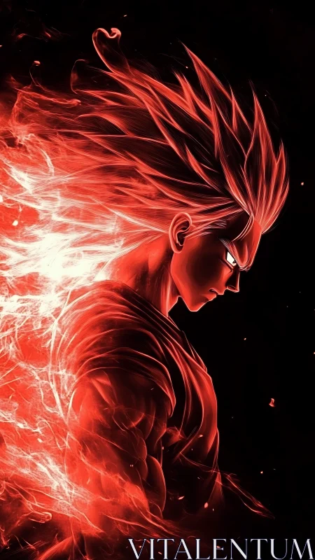 Fiery anime warrior channels intense energy in glowing red aura