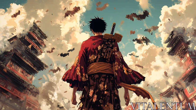 Backlit samurai silhouette studies perspective amid towering pagodas