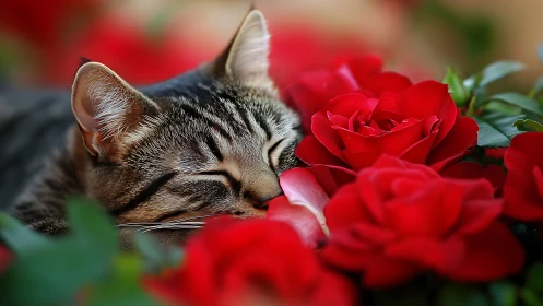 Tabby Cat Examining Red Roses in Garden Setting