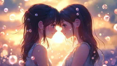 Sunset bubble halo around two softly glowing sisters.