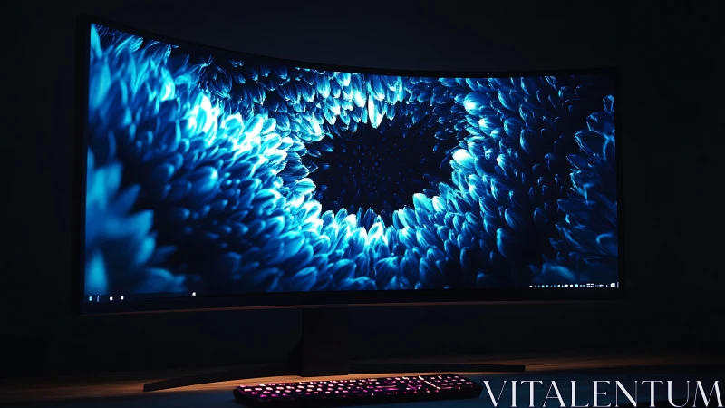 Curved ultra-wide monitor with abstract blue digital bloom.