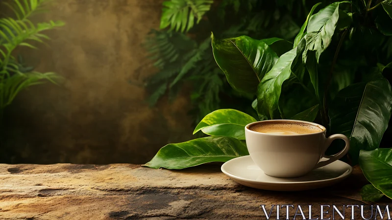 White ceramic coffee cup sits on stone surface near foliage