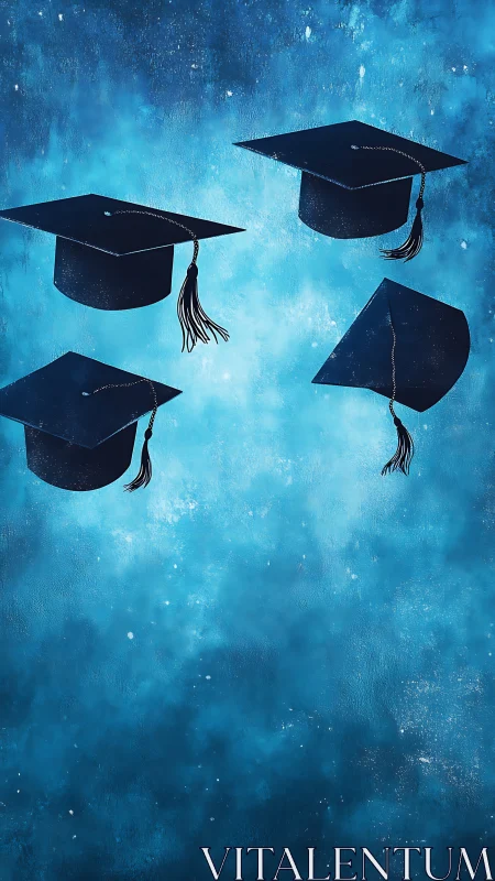 Caps in flight over a dreamy blue graduation sky.