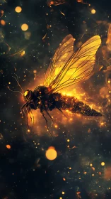 Luminous firefly drifts through dark cosmic ember field