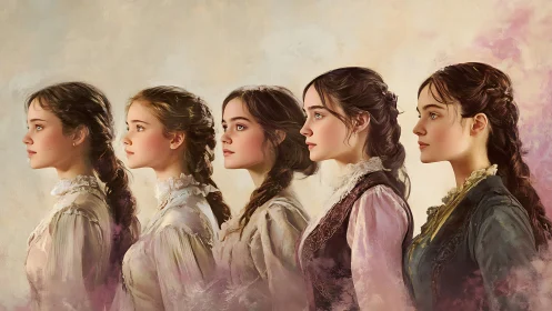 Five Young Women in Vintage Attire, Classical Painted Style.