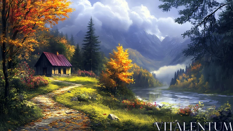 Mountain cabin overlooks autumn river under dramatic clouds