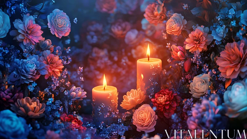 Glowing candles surrounded by vibrant flowers in serene darkness.