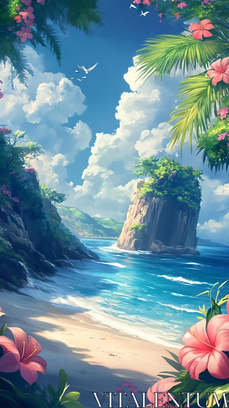 Tropical Paradise Beach with Dramatic Cliffs and Blooming Flowers